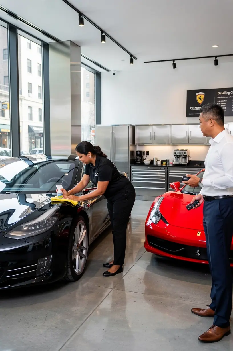 Mechanic conducting scheduled maintenance with advanced diagnostic tools on a high-end car in a professional workshop.
